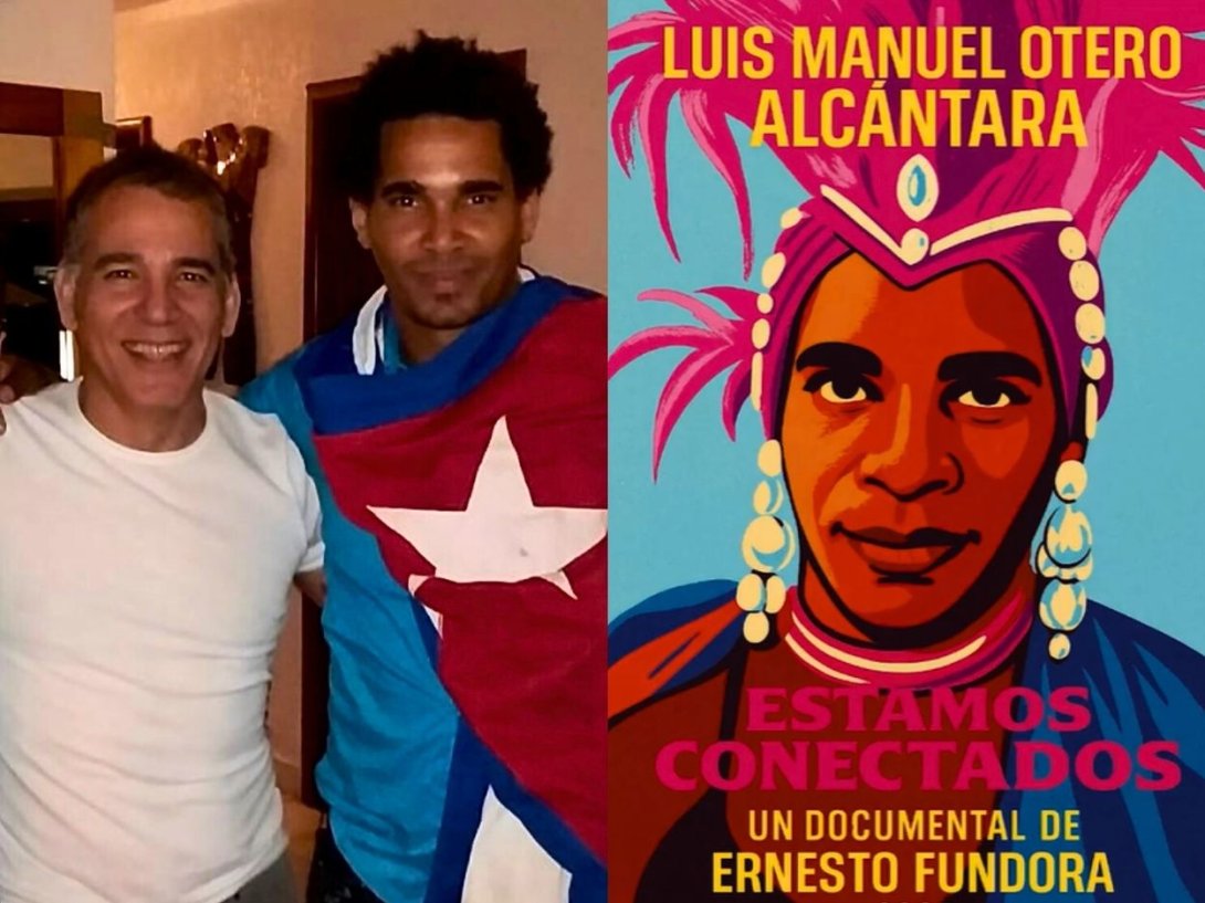 El cineasta cubano Ernesto Fundora, el artista cubano Luis Manuel Otero Alcántara y el cartel del documental "Luis Manuel Otero Alcántara: Estamos Conectados" (2025).