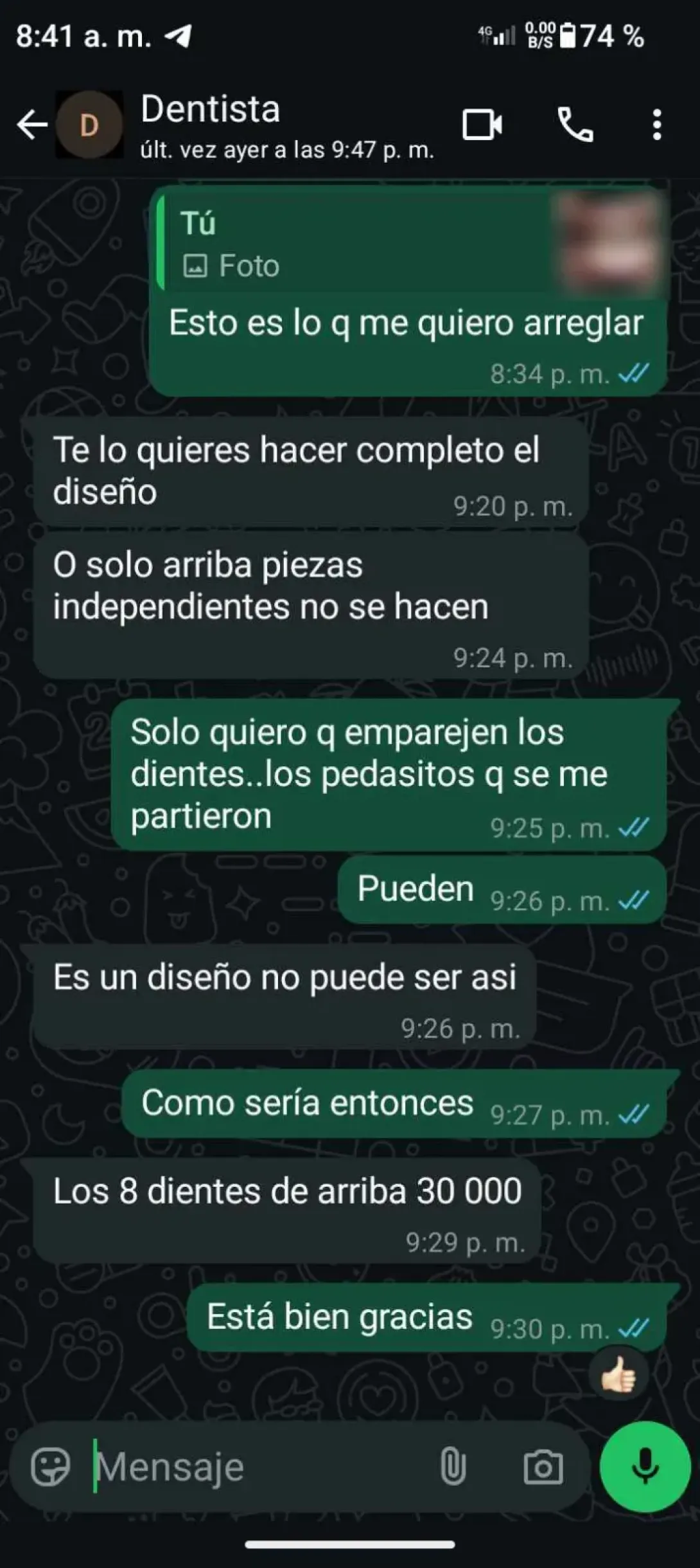 Conversación de WhatsApp entre un paciente y un estomatólogo privado en Cuba (2025). Tomado del medio Periódico Cubano.