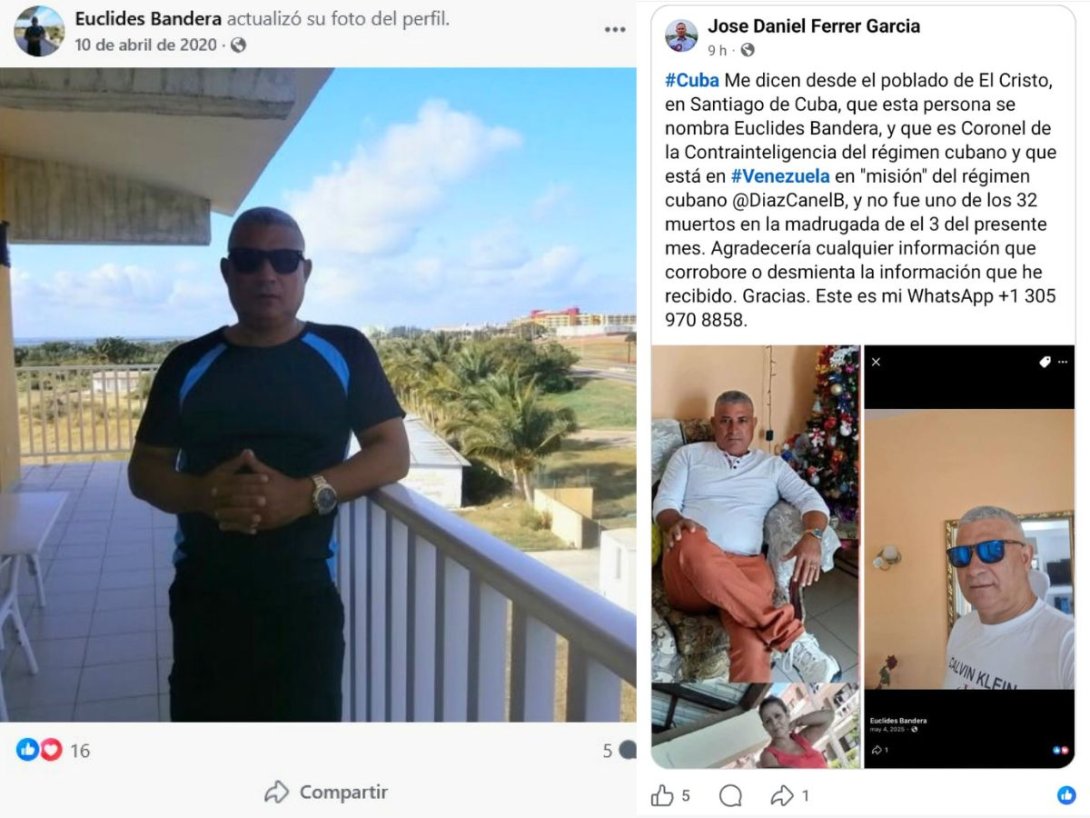 Uno de los perfiles de Facebook de Euclides Bandera teniente coronel de la contrainteligencia militar cubana, designado en Venezuela (izquierda) y publicación del opositor José Daniel Ferrer (derecha).