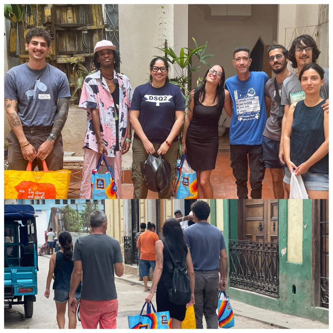 Los activistas Lara Crofs, Daniela Peral, Raymar Aguado, Leonardo Romero, María Lucía Expósito y otros durante una entrega de alimentos a cubanos desfavorecidos en La Habana. Collage tomado del Facebook de Lara Crofs.