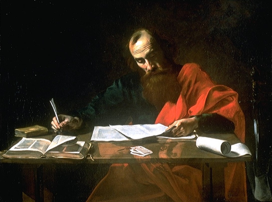  "San Pablo escribiendo sus epístolas" (c. 1618-1620) cuadro del pintor francés Valentin de Boulogne.