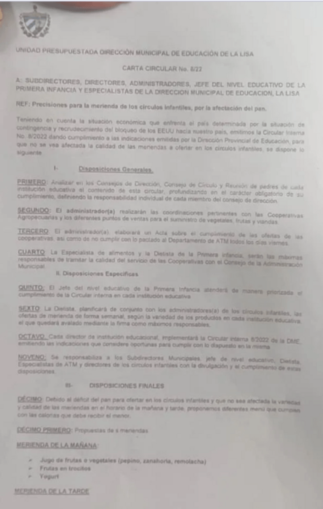 Circular distribuida en el Círculo Infantil de La Lisa.