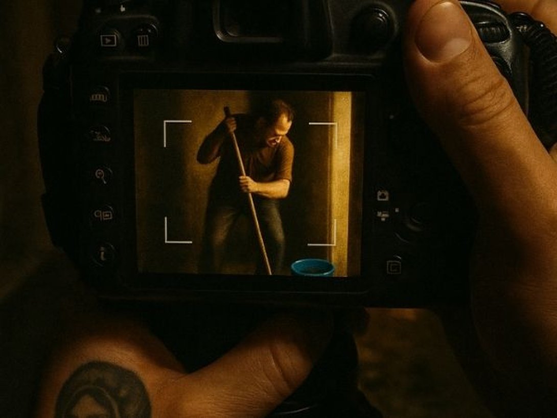 Imagen en perspectiva: un hombre trapeando visto a través del visor de una cámara réflex, sostenida por una mano tatuada con la Virgen.