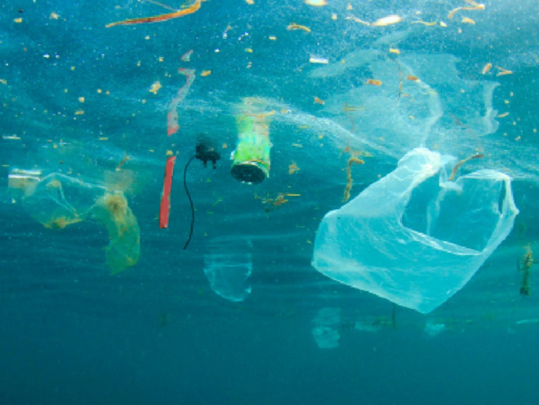 Fotograma del documental "Un océano de plástico" muestra pedazos de plástico flotando en el agua.