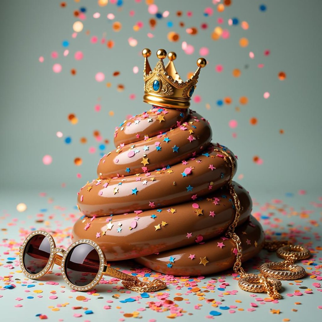 Un cono parecido a chocolate o heces, con una corona dorada, y gafas de reguetón.