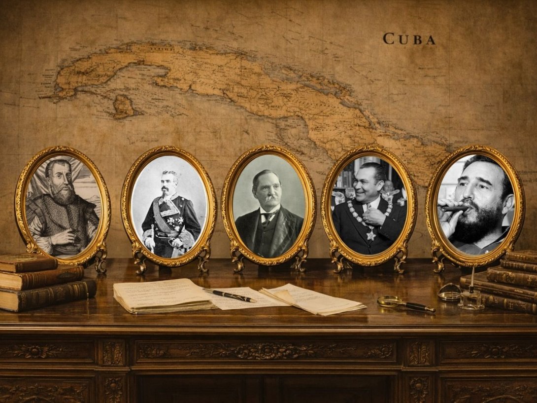 Diego Velázquez y Cuéllar, Arsenio Martínez Campos, Tomás Estrada Palma, Fulgencio Batista y Fidel Castro.