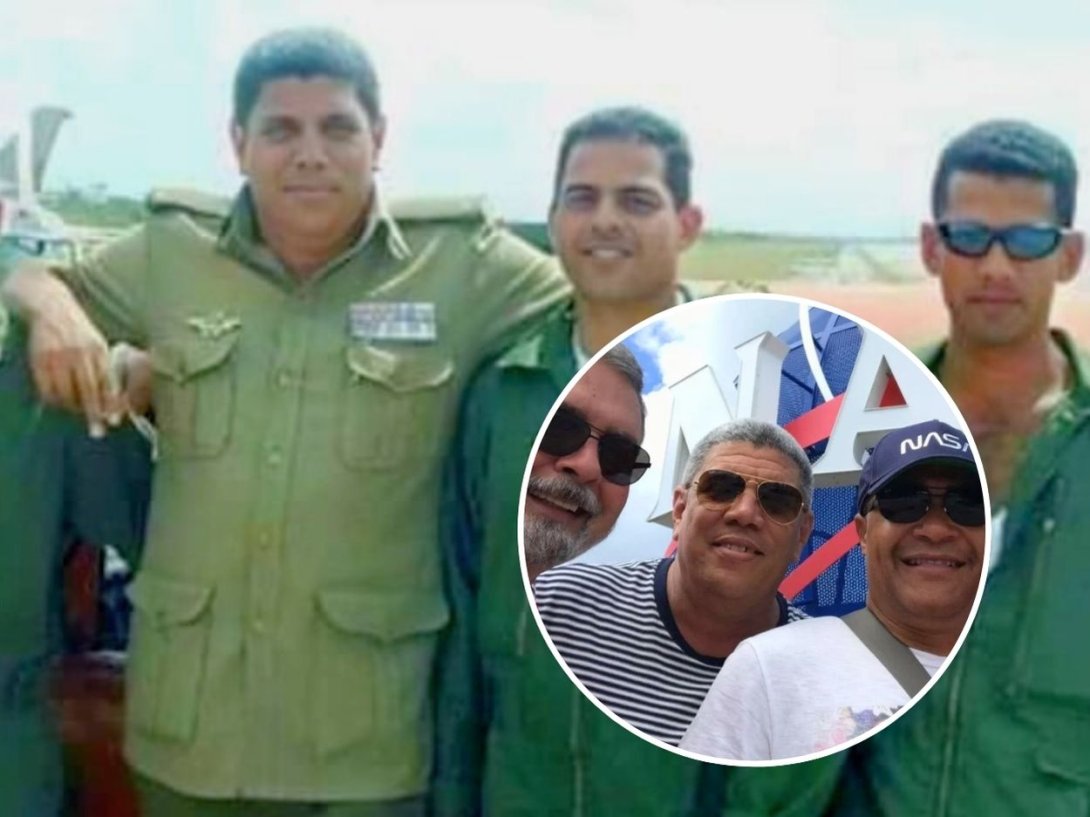 El expiloto de combate cubano Luis Raúl González-Pardo (de uniforme) en los años noventa, y de visita en la base de Cabo Cañaveral de la NASA, Estados Unidos, en 2024.