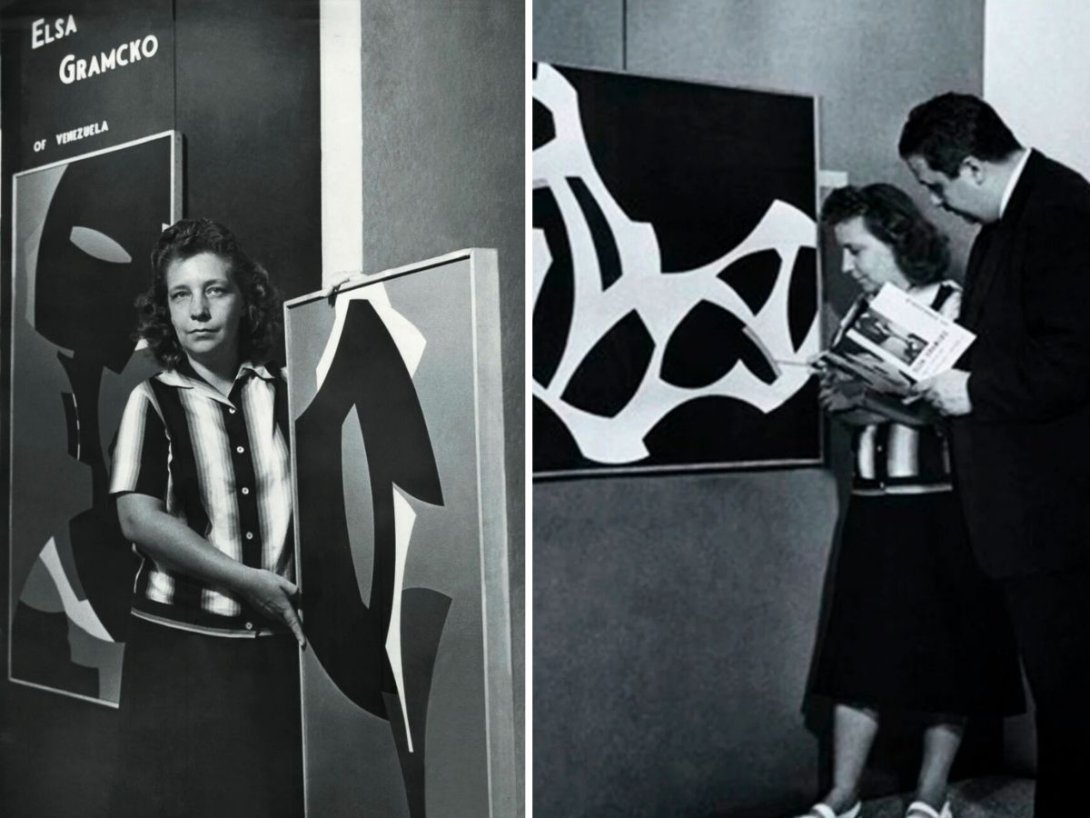 La escultora y pintora venezolana Elsa Gramcko en una exposición suya en Washington D.C en 1959. A la derecha, junto al crítico y promotor cubano de arte José Gómez Sicre.