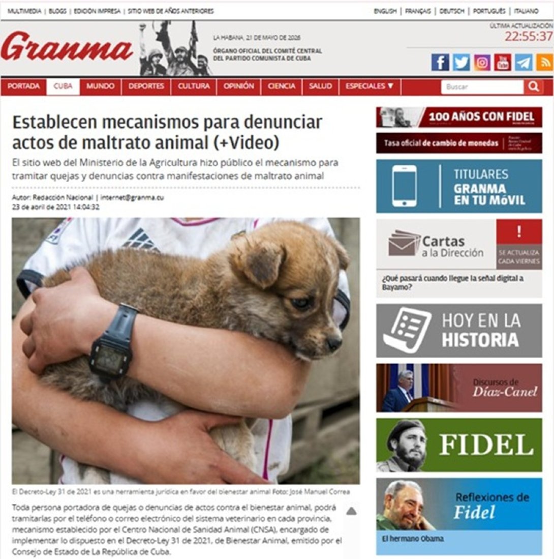Artículo del medio oficialista cubano "Granma" que informa de mecanismos estatales para denunciar actos de maltrato animal en Cuba (23 de abril de 2021).