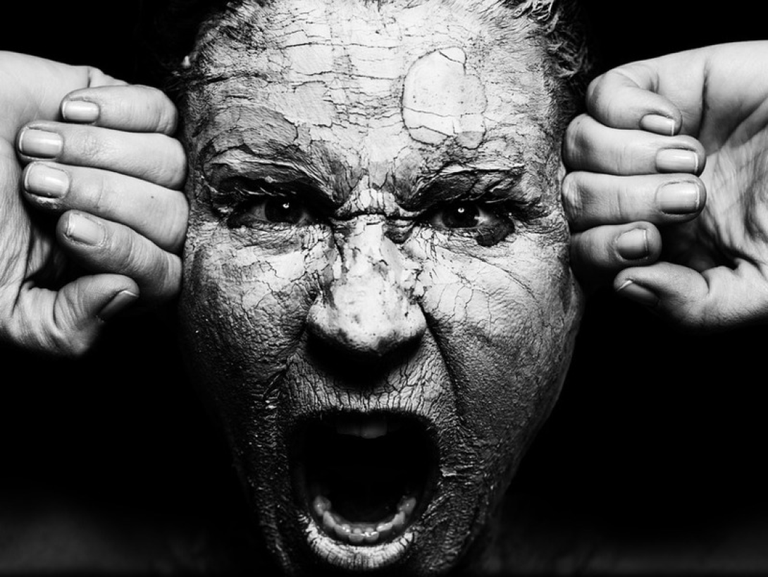 Rostro de mujer gritando con ambas manos al lado de la cabeza.