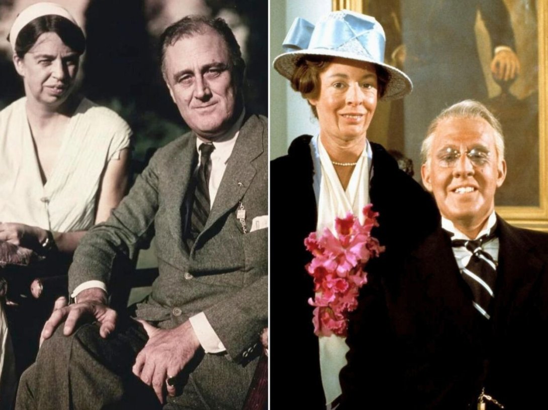 El presidente de los Estados Unidos Franklyn D. Rooselvelt y Eleanor Roosvelt y los actores Edward Herrmann y Jane Alexander que los interpretan en la película "Eleanor and Franklin: The White House Years" (1977) dirigida por Daniel Petrie.