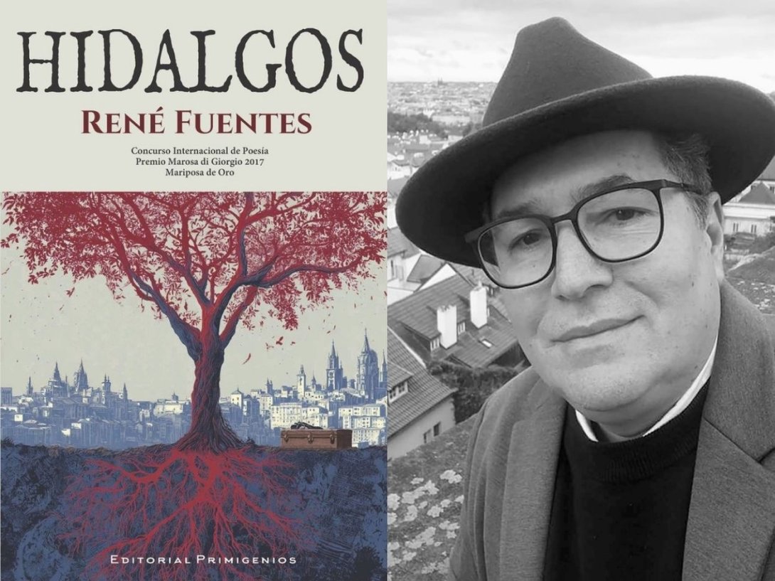 Cubierta del poemario "Hidalgos" (2025) y su autor, René Fuentes.