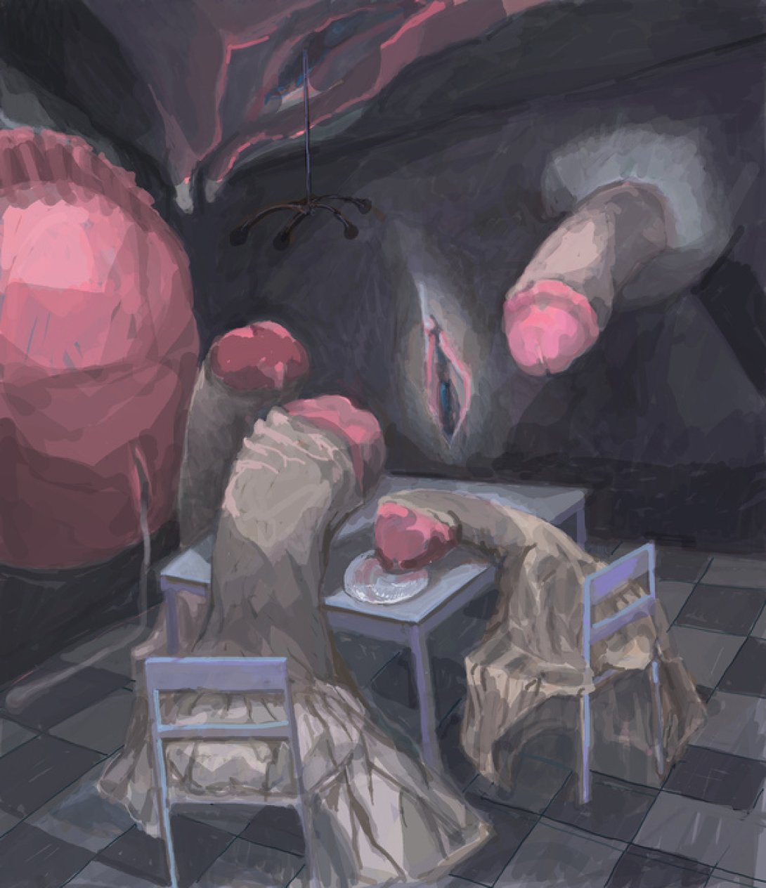 Obra de Walfrido Hau: "Hogar indecente" representa un grupo de genitales en una casa sentados a la mesa.