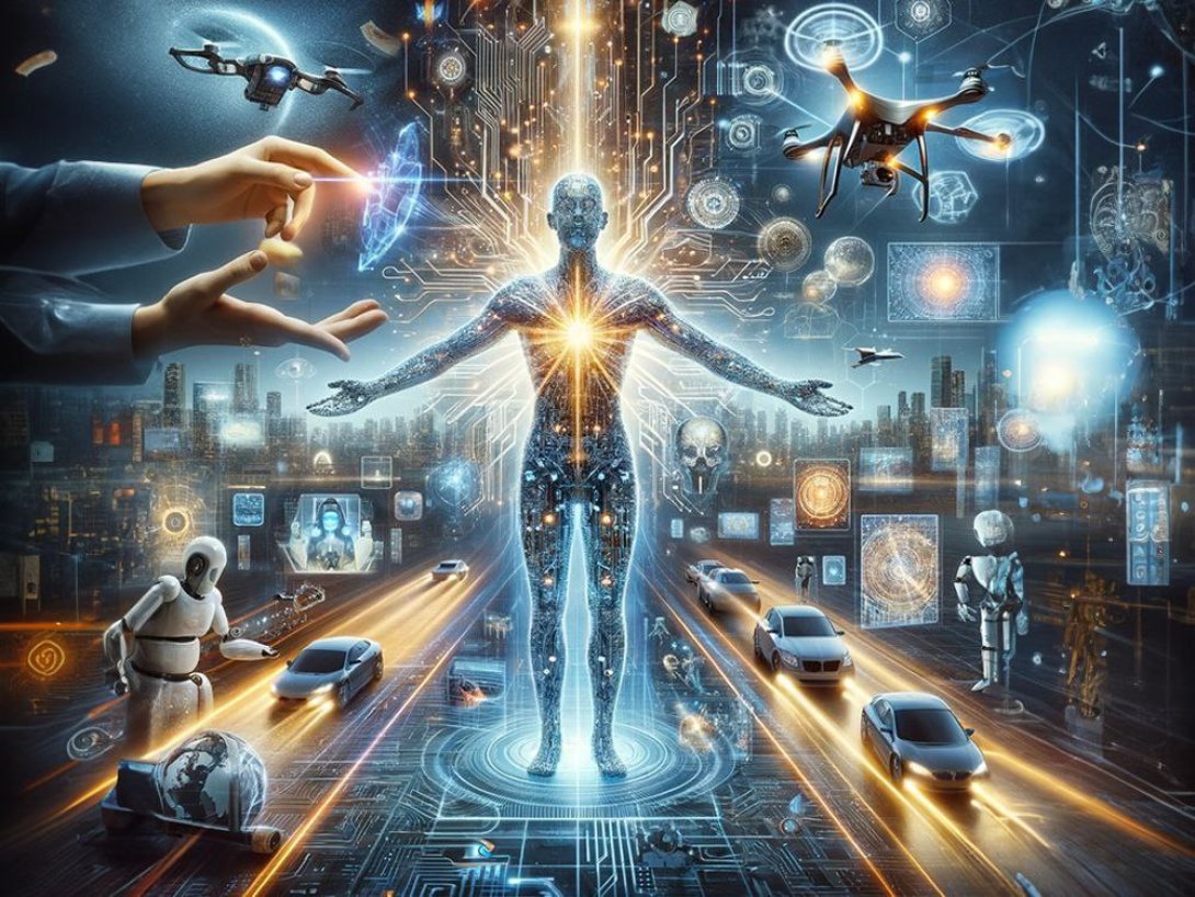 Un humano en el centro con rasgos tecnológicos a su alrededor