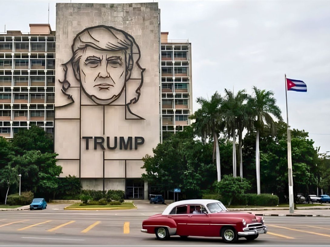Imagen generada con inteligencia artificial en la que se sustituye la efigie del Che Guevara por la de Donald Trump en la Plaza de la Revolución, La Habana.