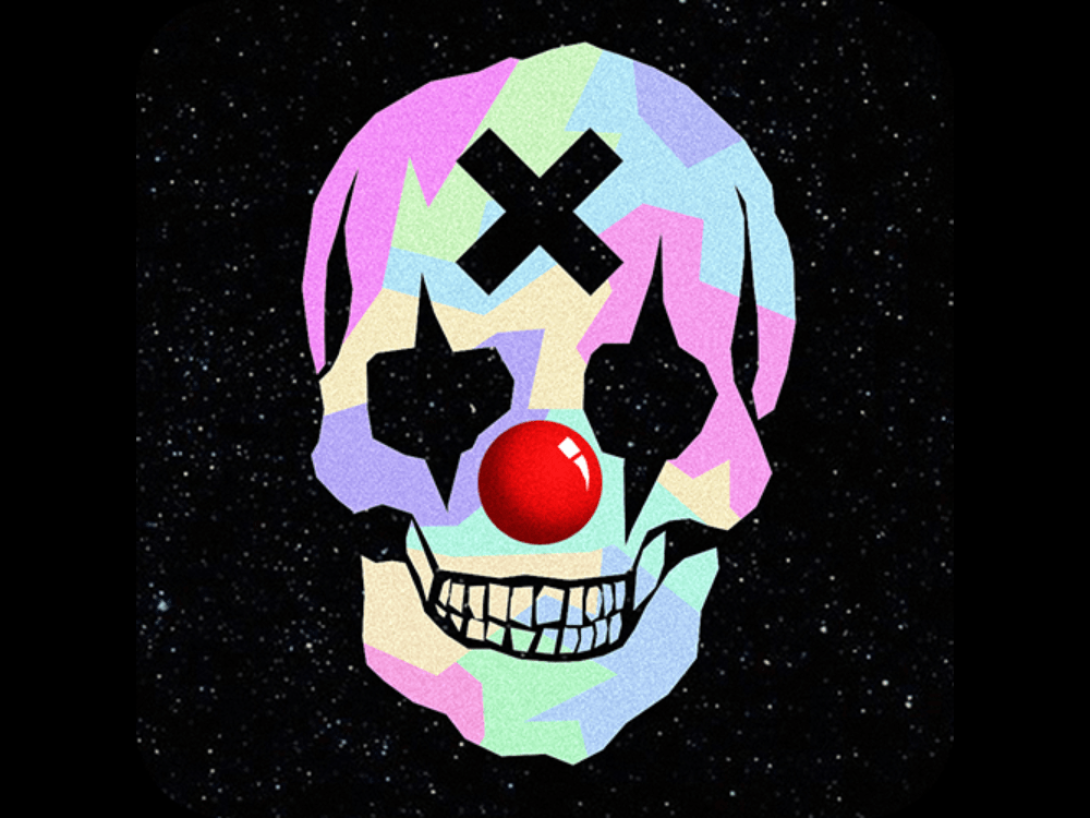 Ícono de LINLT: una calavera colorida con nariz de payaso y una cruz en la frente.