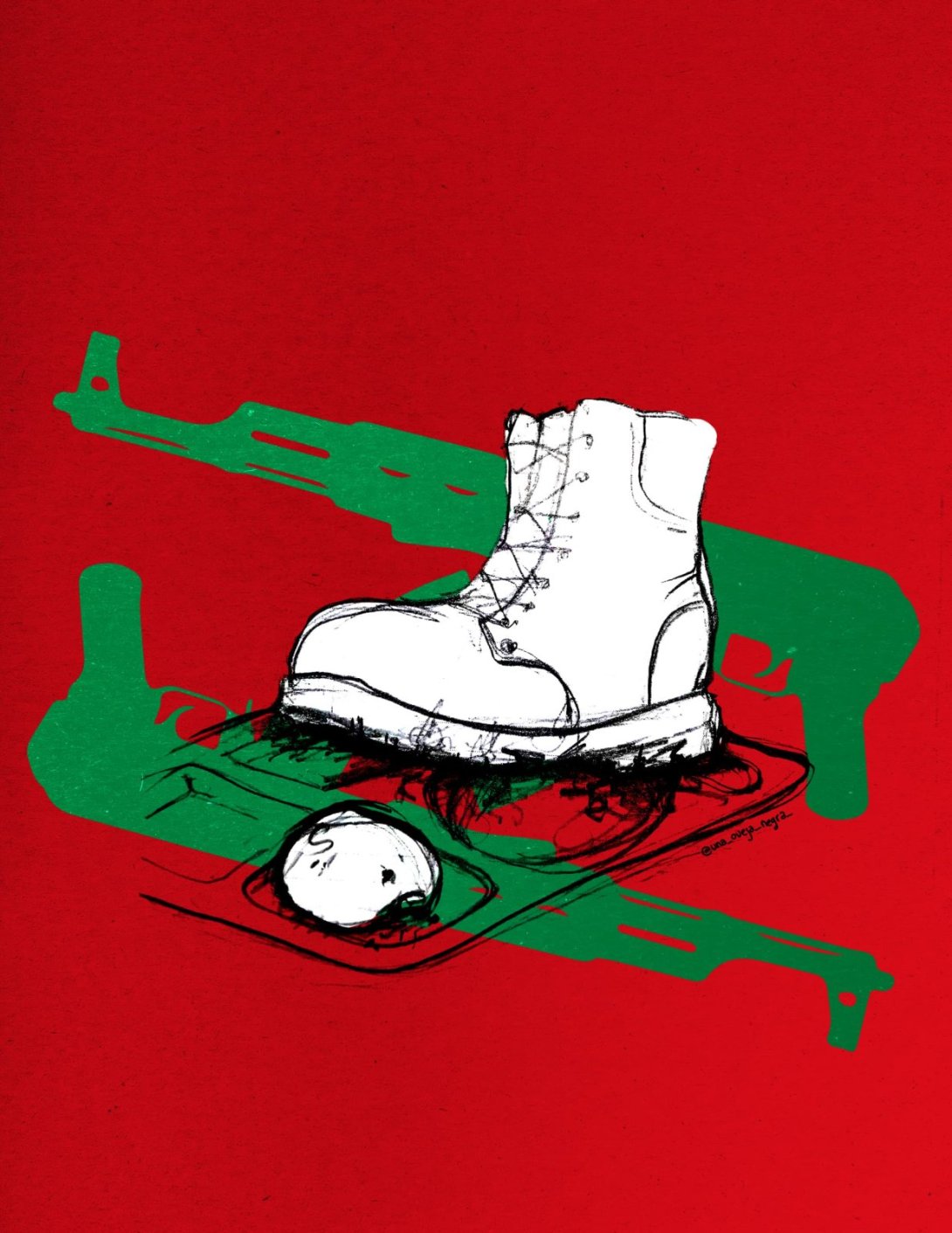 Diseño con dos armas largas, una bota militar y un pedazo de pan