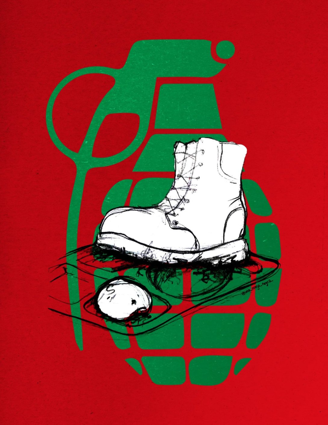 Diseño con granada de mano, bota militar y pedazo de pan. fondo rojo