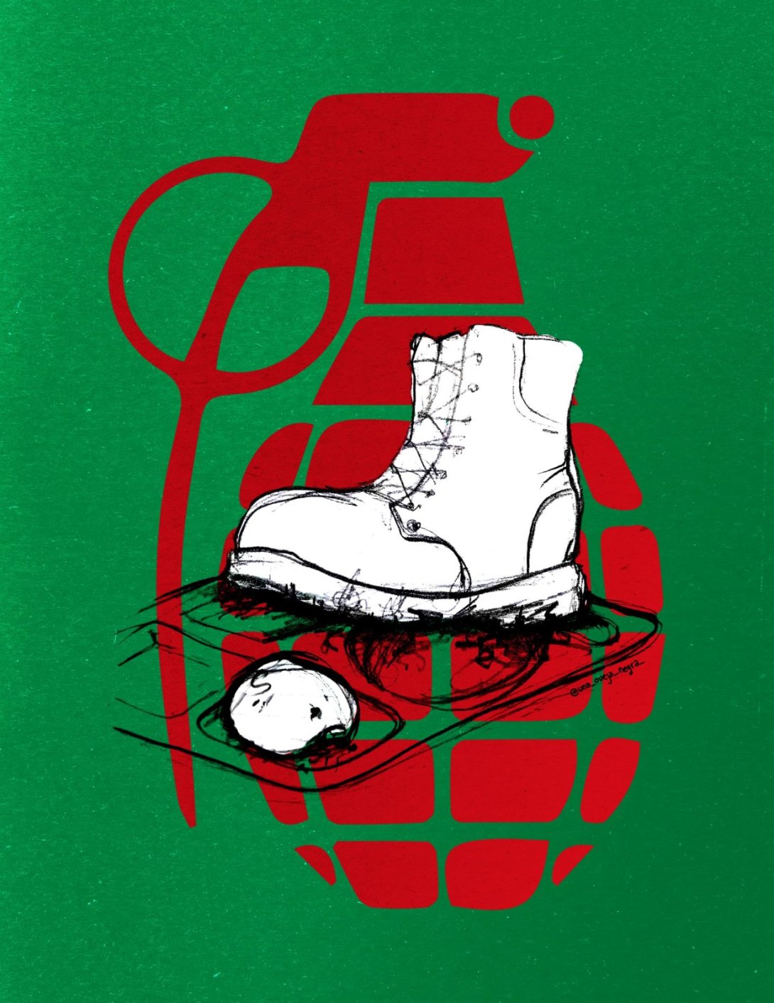 Diseño con una bota militar, un pedazo de pan y una granada