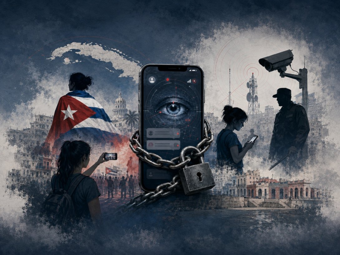Alegoría gráfica de la represión digital en Cuba.