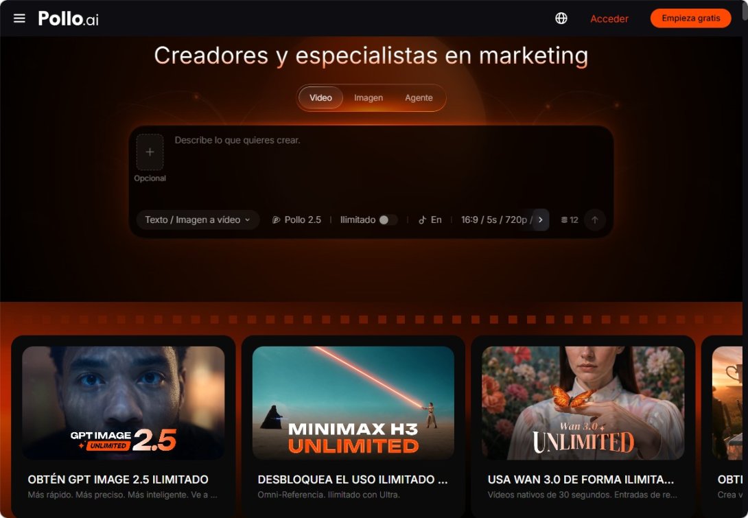 Interfaz de Pollo AI para crear vídeo a partir de texto o imágenes, con opciones de formato, duración y resolución.