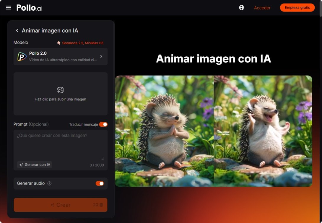 Interfaz de Pollo AI para animar una imagen con inteligencia artificial, con un ejemplo visual de dos erizos y un panel para cargar una imagen.