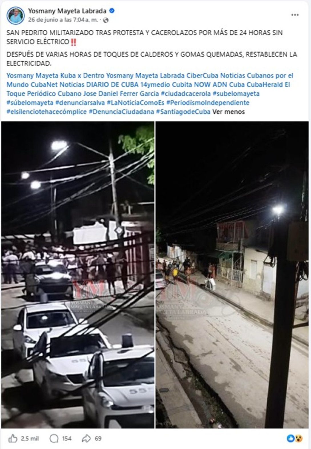 Publicación en Facebook de Yosmani Mayeta Labrada.