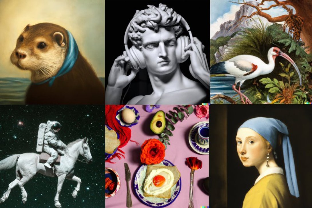 una nutria, una estatua con audífonos, un ave de pico largo, un astronauta a caballo, una mesa con comida y una "recreación" de "La chica de la perla"