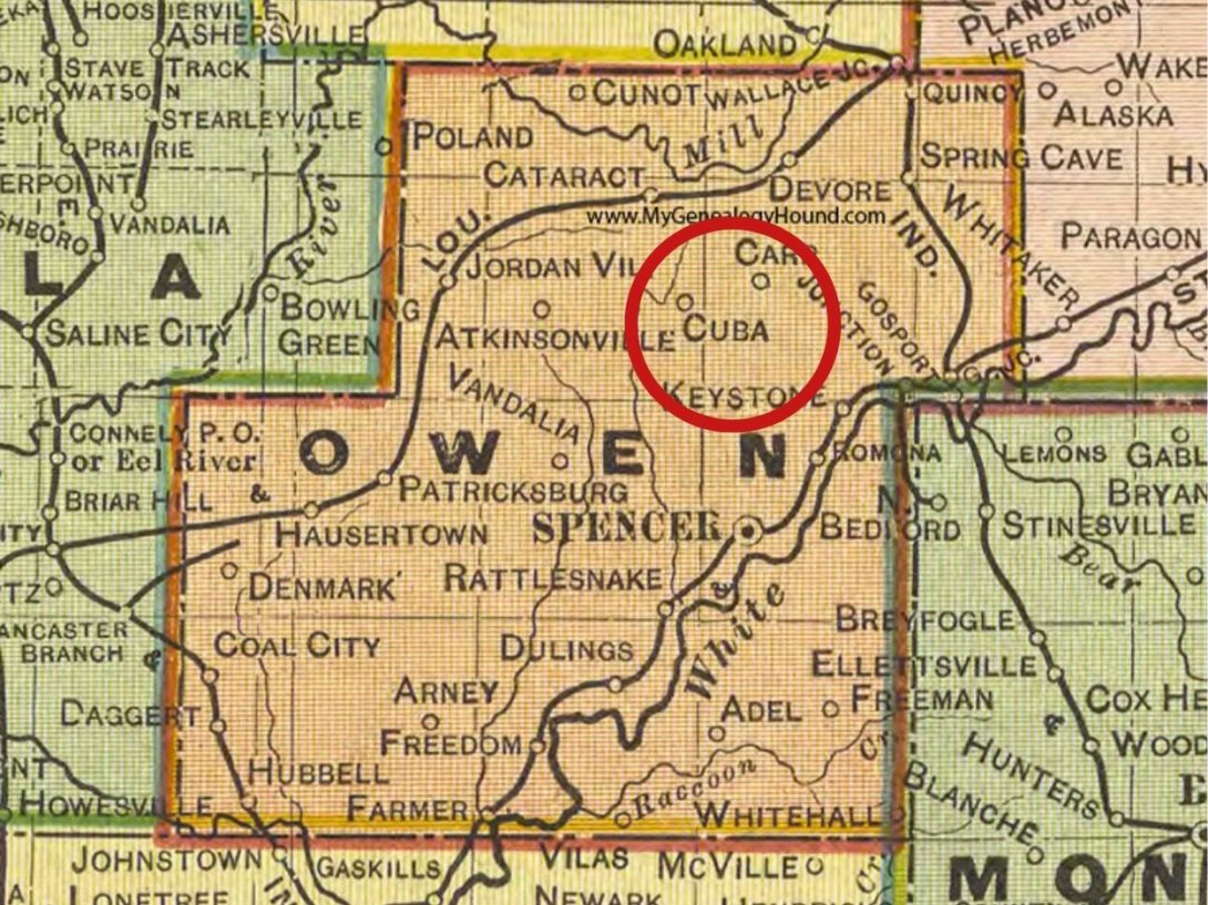 Mapa de 1908 del condado de Owen, Indiana, Estados Unidos, donde aparece el pueblo de "Cuba".