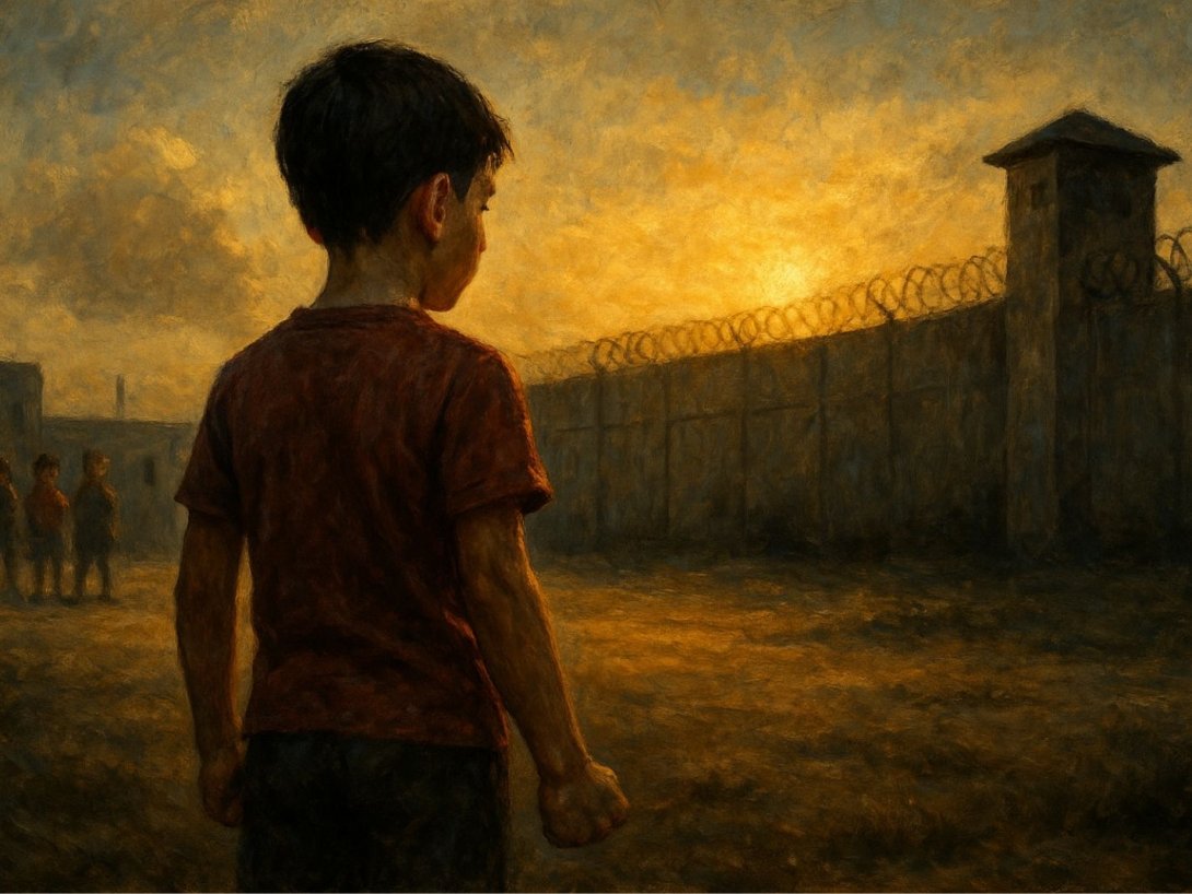 Imagen estilo pintura óleo. Niño frente a una prisión.