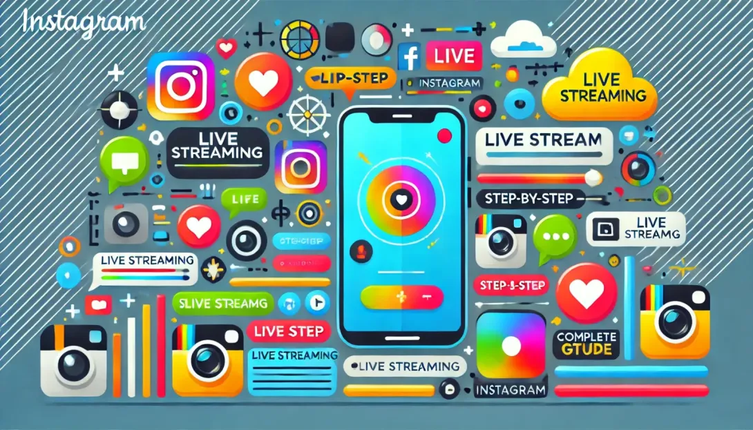 Diseño con logos y dibujos, acerca de Instagram y cómo transmitir directos.