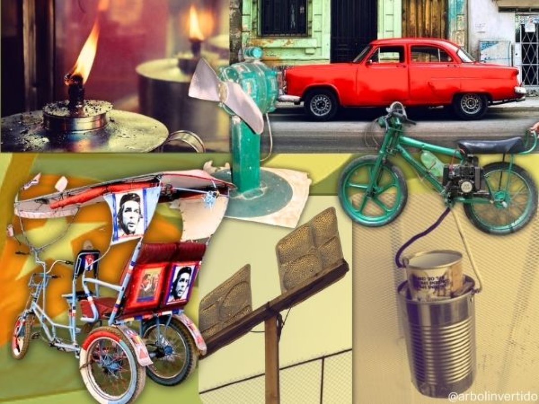 Collage de inventos populares cubanos: una lámpara casera o chismosa, un auto clásico almendrón, un ventilador hecho con piezas recicladas, una bicicleta motorizada conocida como rikimbili, un bicitaxi, una antena improvisada y una resistencia eléctrica casera en lata.