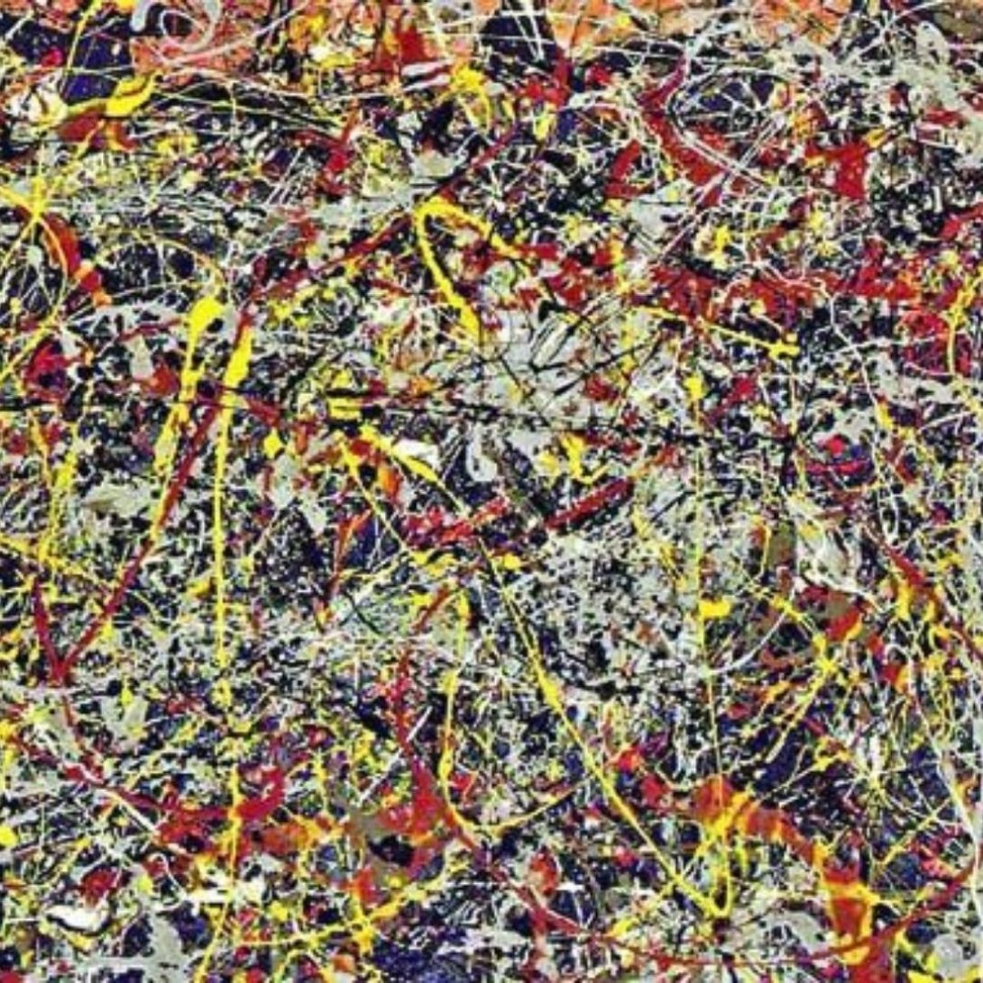 Pintura abstracta de Jackson Pollock, con trazos caóticos y superpuestos en amarillo, negro, rojo y gris, técnica del dripping.