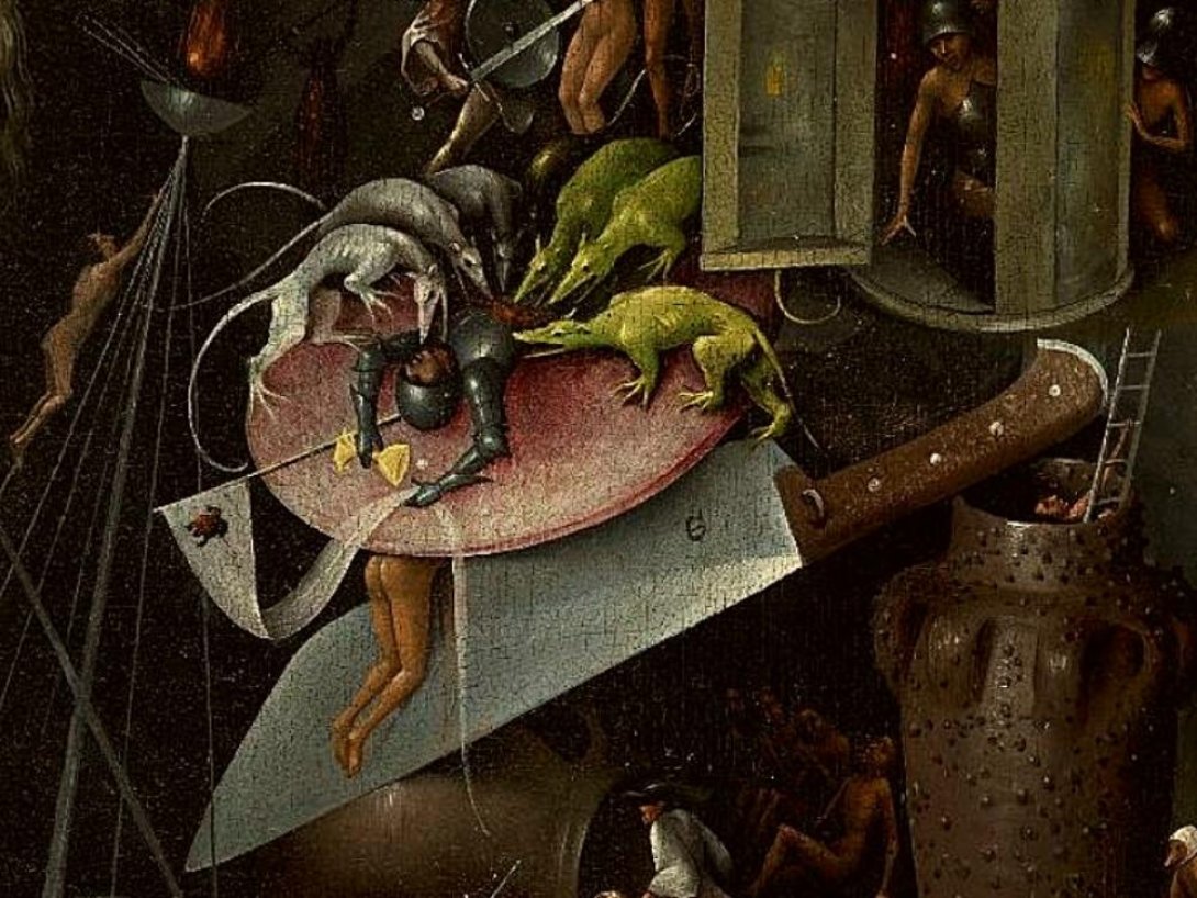 Cuchillos, perros, lagartos, caballero. 