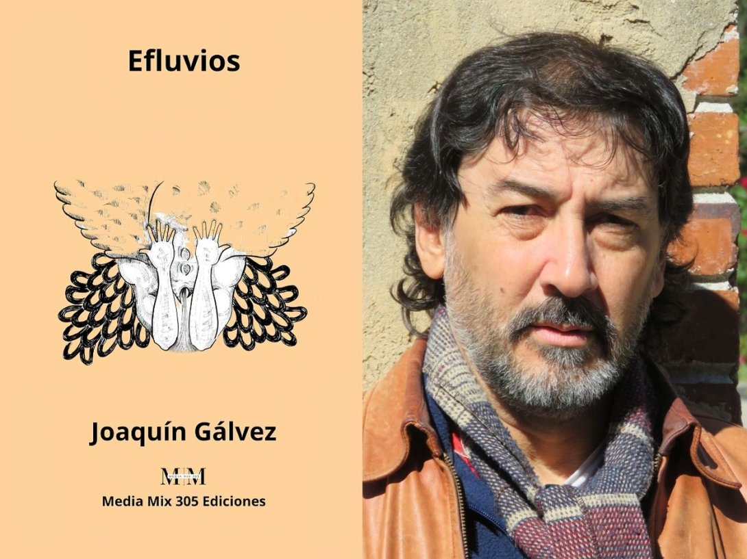 Cubierta del libro "Efluvios" (Media Mix 305 Ediciones, 2025) y su autor Joaquín Gálvez.