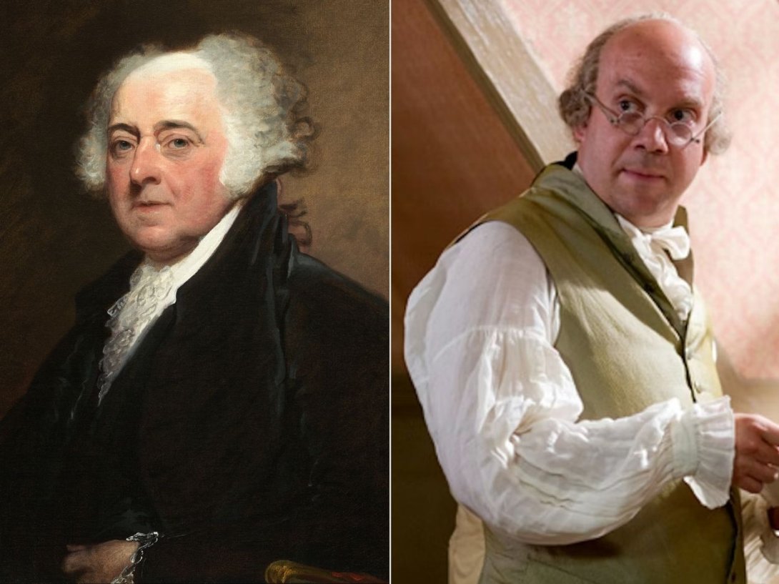 El presidente de Estados Unidos, John Adams, y el actor Paul Giamatti que lo interpreta en la serie "John Adams" (2008) de la HBO.
