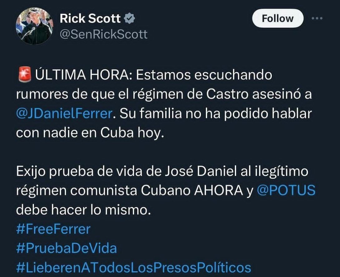 Post del senador Rick Scott sobre la presunta muerte de Ferrer