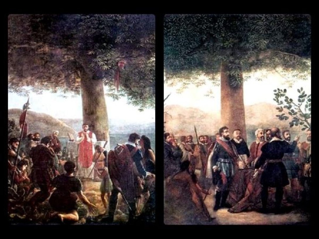 Obras de Juan Bautista Vermay en El Templete de La Habana: a la izquierda la primera misa y a la derecha la constitución del primer cabildo, ambas bajo la ceiba fundacional.