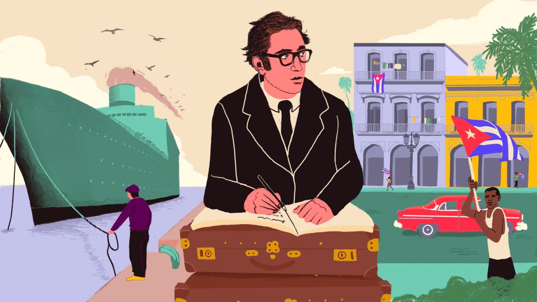 hombre escribiendo sobre una maleta, entre un barco y otro hombre con una bandera cubana