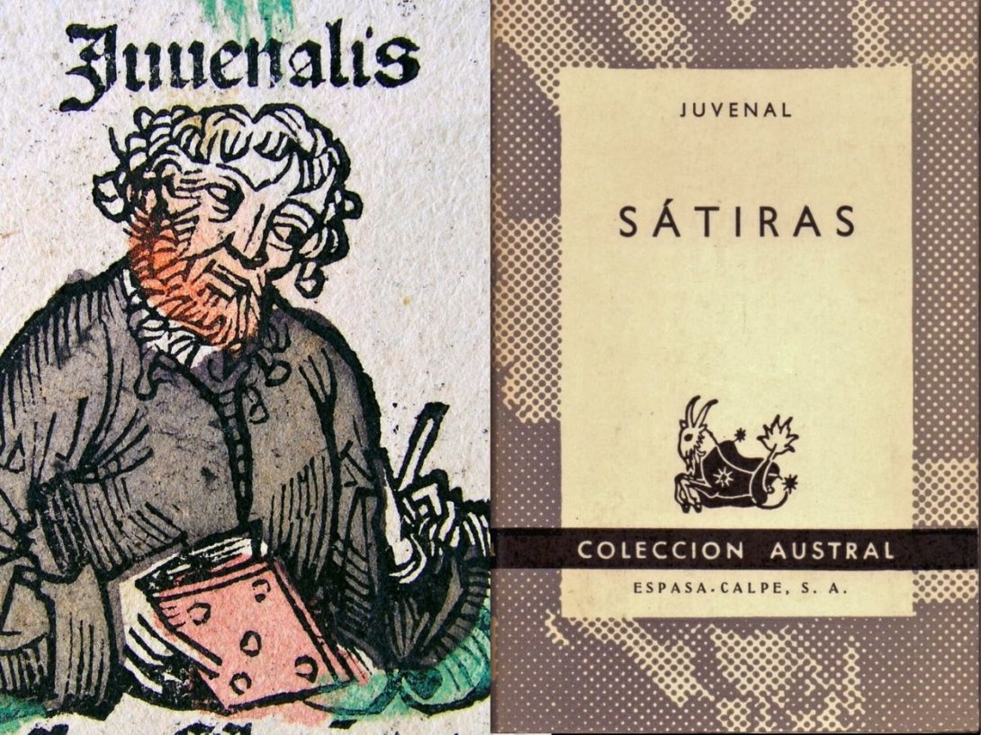 El poeta latino Juvenal (60-128 d.C.) y una edición española de sus "Sátiras".