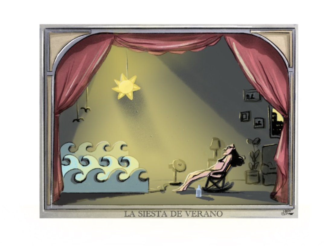 una mujer desnuda sentada en un sillón observa un paisaje marino soleado de cartón