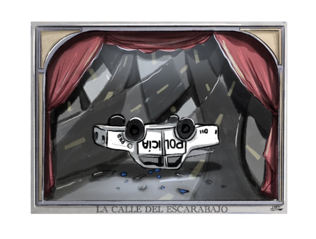 telón que muestra patrulla volcada con fondo de carreteras entrecruzadas 