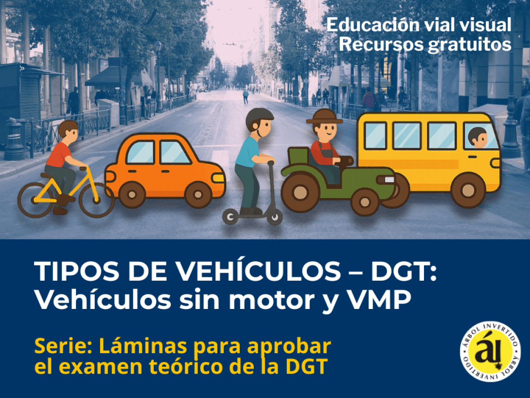 Infografía educativa de Árbol Invertido sobre los tipos de vehículos sin motor según la DGT, con ilustraciones de bicicleta, coche, patinete, tractor y autobús. Recurso visual gratuito para estudiar y aprobar el examen teórico de conducir.