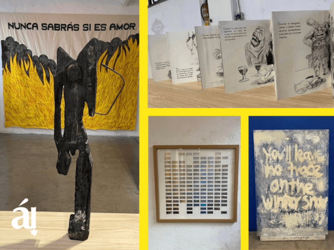 Collage de obras de arte en la exposición "Las Mieles".