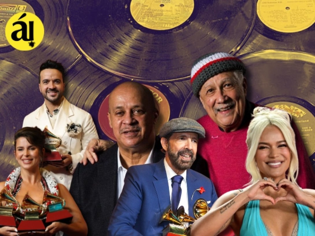 Al fondo, de izquierda a derecha: Luis Fonsi, Hilario Durán y Paquito de Rivera; al frente, de izquierda a derecha, Nathy Peluso, Juan Luis Guerra y Karol G.