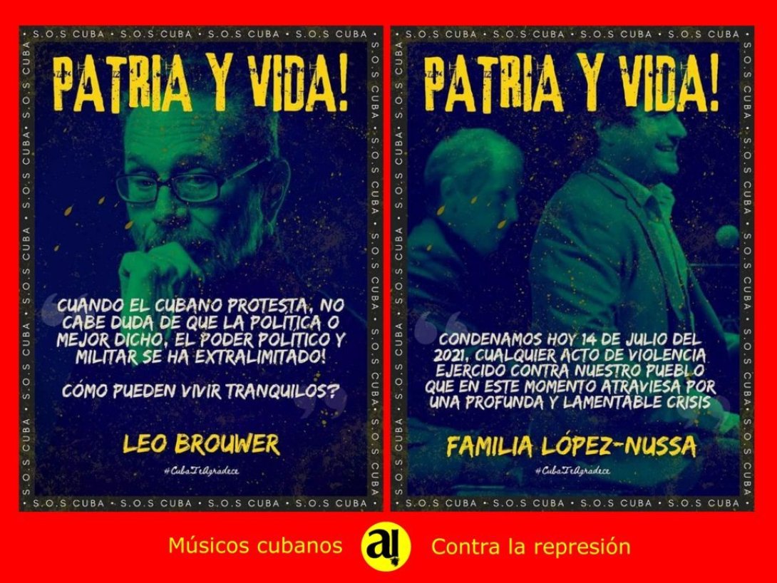 Postal de músicos cubanos que se oponen a la represión. leo Brower, familia López Nussa.iet Cruz.
