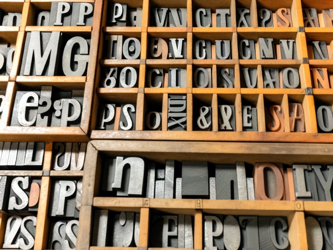 Tipos de imprenta, letras de plomo, ordenadas en cajas.