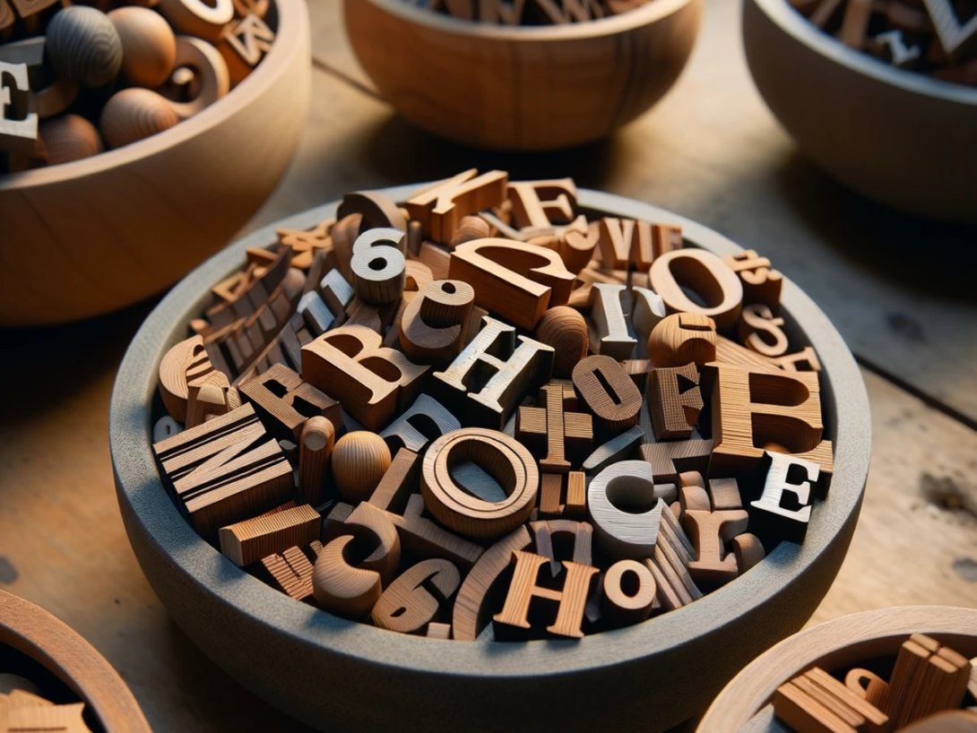 Muchas letras de madera dentro de un gran cuenco también de madera.