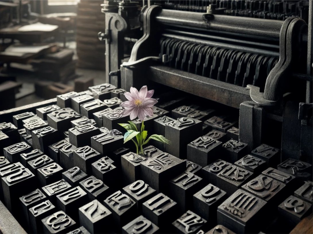 Letras de plomo en una imprenta y con una flor naciendo.