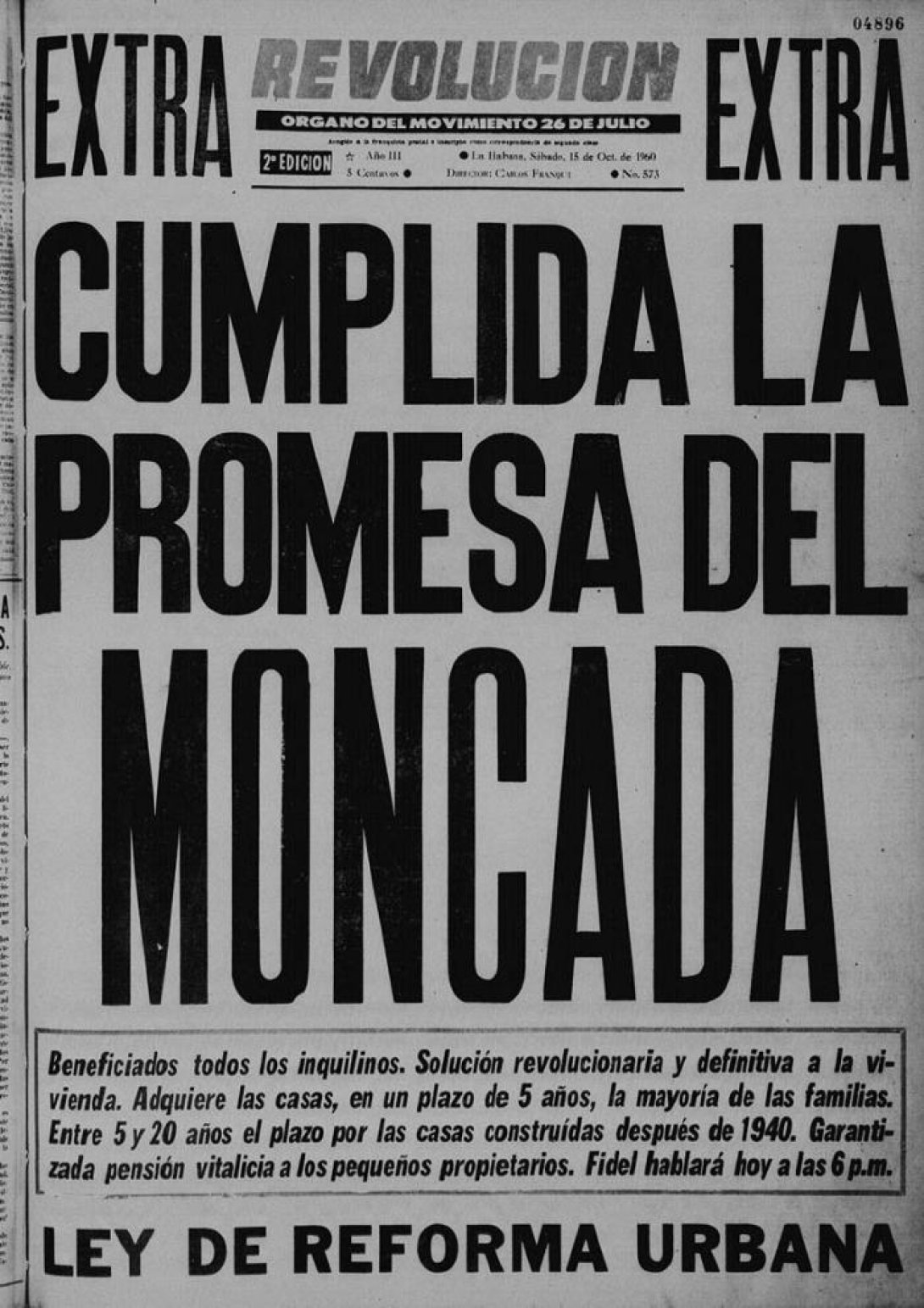 Portada del periódico "Revolución". 15 de octubre de 1960.
